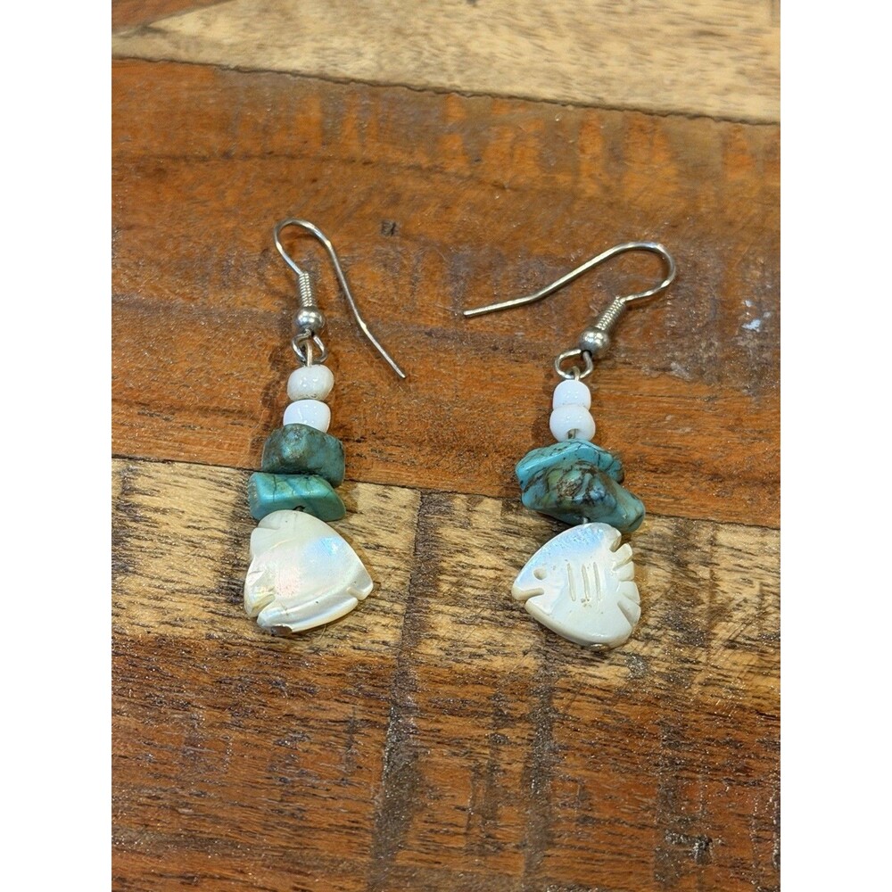 Vintage Turquoise & Morher Of Pearl Fish Earrings